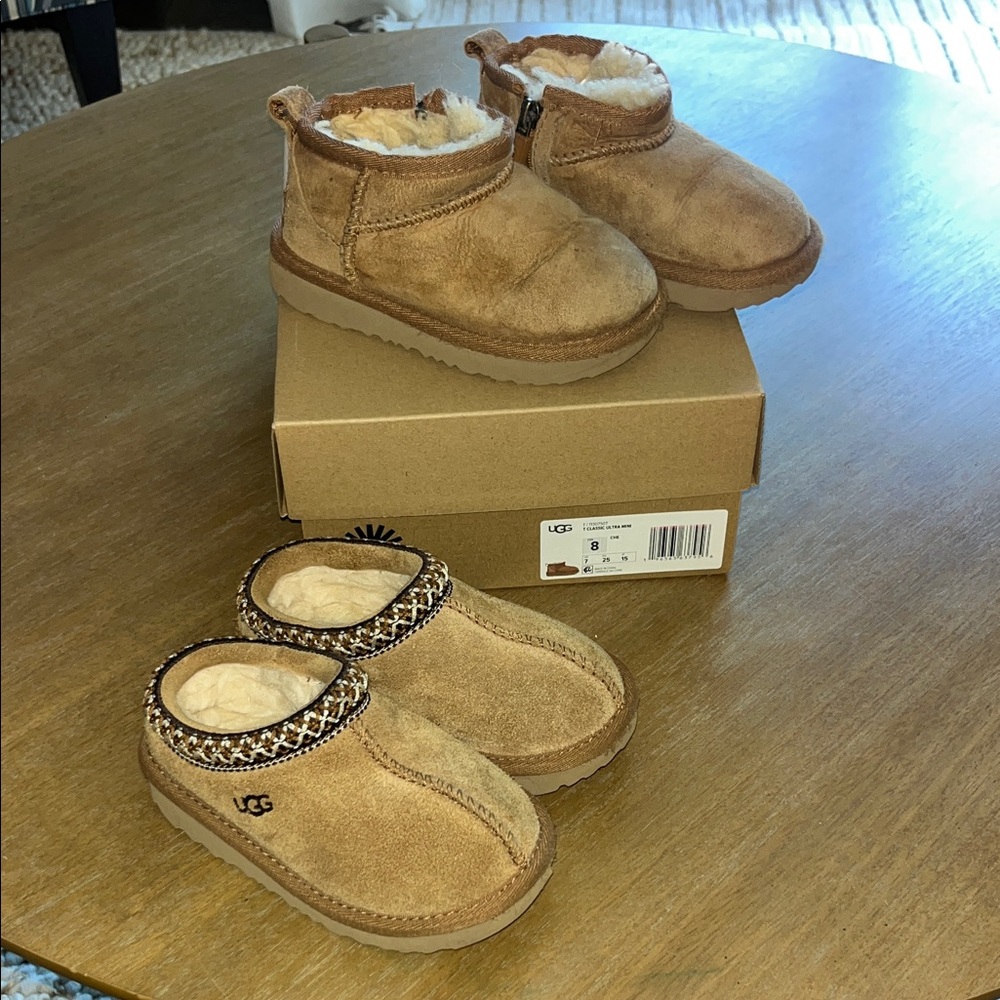 UGG lot Size 8 Toddler Classic Ultra Mini Boots and Tasman Slippers - Chestnut